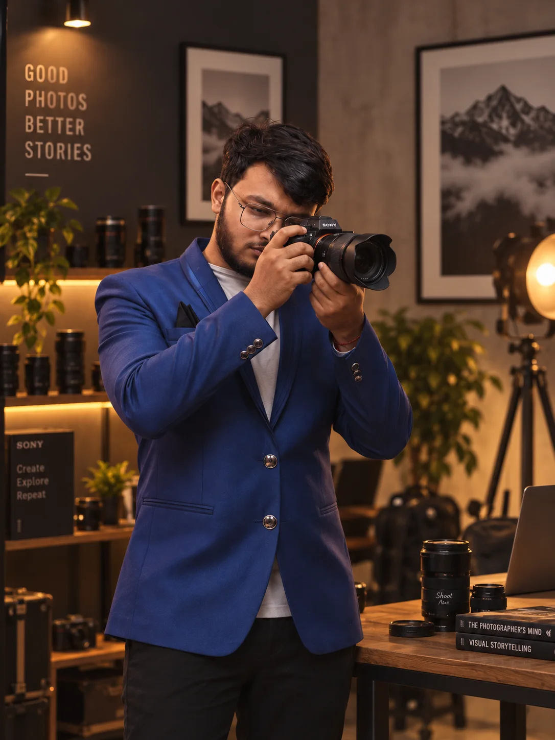 Sayyan Paul holding a camera in a photography studio
